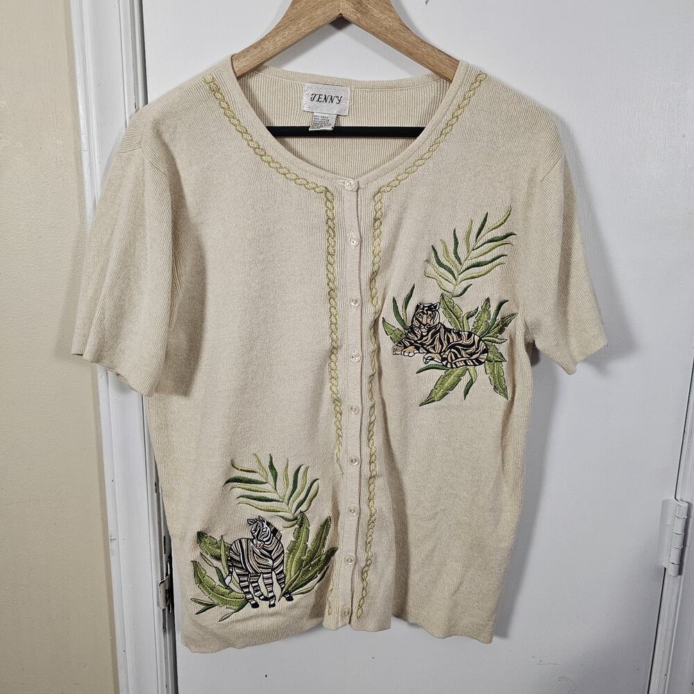 VTG Embroidered Cotton Jungle Zebra Cheetah Tiger Cardigan Sweater XL Tropical